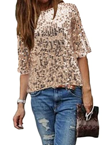 ORANDESIGNE Pailletten Oberteil Damen Sommer Pailletten T-Shirt V-Ausschbitt Glitzer Party Shirt Kurzarm Lose Bluse E Gold M von ORANDESIGNE