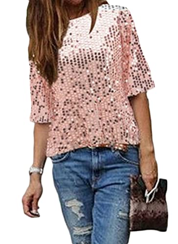 ORANDESIGNE Pailletten Oberteil Damen Sommer Pailletten T-Shirt V-Ausschbitt Glitzer Party Shirt Kurzarm Lose Bluse E rosa M von ORANDESIGNE