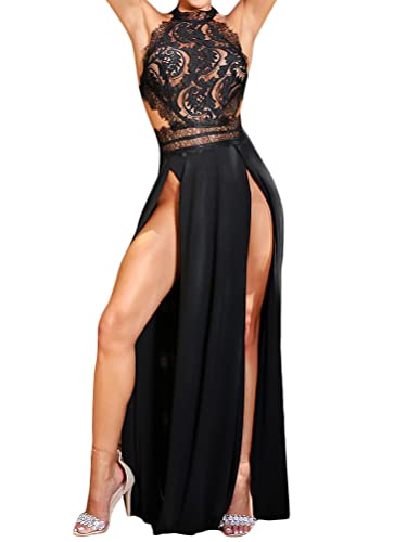 ORANDESIGNE Pailletten Rückenfrei Schlitz Ärmellos Elegante Spitze Ausgeschnitten Drapierte Seitenschlitz Hoch Taillierte Partei Maxikleid Abendkleid A Schwarz L von ORANDESIGNE