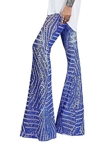 ORANDESIGNE Pailletten Weitbeinhosen Damen High Waist Vintage Flare Hosen Clubwear Lange Glitzer Hose Elegante Schlaghose Stretch Hosen für Club Party Fest Tanzen A blau XL von ORANDESIGNE