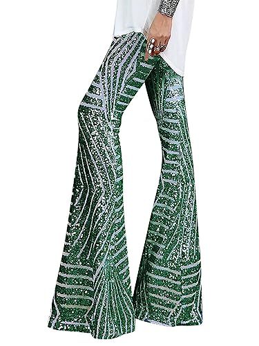 ORANDESIGNE Pailletten Weitbeinhosen Damen High Waist Vintage Flare Hosen Clubwear Lange Glitzer Hose Elegante Schlaghose Stretch Hosen für Club Party Fest Tanzen A grün L von ORANDESIGNE