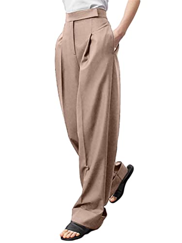 ORANDESIGNE Palazzo Hose Damen Elegant Sommer Lässige Lang Hose Gerade Freizeithosen Wide Leg Hose Business Lang Anzughosen Slimfit Formal Modern Casual Hose 07-Khaki M von ORANDESIGNE