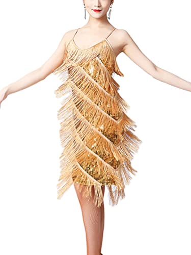ORANDESIGNE Partykleid Damen Glitzer Knielang Latein Tanzkleid Bunt Paillettenkleid 20er Jahre Fransenkleid Glitzerkleid Dance Kleid Glitzerkleid Ballkleid Cocktailkleid Sommerkleid Gold XXL von ORANDESIGNE