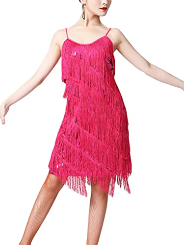 ORANDESIGNE Partykleid Damen Glitzer Knielang Latein Tanzkleid Bunt Paillettenkleid 20er Jahre Fransenkleid Glitzerkleid Dance Kleid Glitzerkleid Ballkleid Cocktailkleid Sommerkleid Rosarot XL von ORANDESIGNE