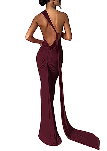 ORANDESIGNE Partykleid Damen One Shoulder Sexy Ärmellos Schulterfrei Rückenfreies Bodycon Abendkleid Freizeitkleid Wickelkleid Sommerkleid Cocktailkleid Maxikleid mit Gerafft A Burgunderrot S von ORANDESIGNE