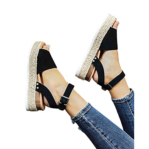 ORANDESIGNE Plateau Sandalen Damen Sommer Espadrilles Sandalen Frauen Casual Keilsandalen Mode Peep Toe Strand A Schwarz 38 EU von ORANDESIGNE