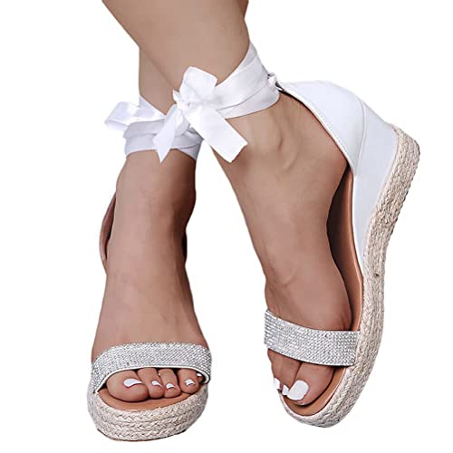 ORANDESIGNE Plateau Sandalen Damen Sommer Espadrilles Sandalen Frauen Casual Keilsandalen Mode Peep Toe Strand D Weiß 38 EU von ORANDESIGNE