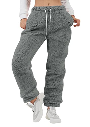 ORANDESIGNE Plüschhose Damen Flauschig Schlafanzughose Lang Winter Warm Pyjamahose Chic Jogginghose Elegant Hose Outdoor Fleecehose Freizeithose mit Tasche Grau M von ORANDESIGNE