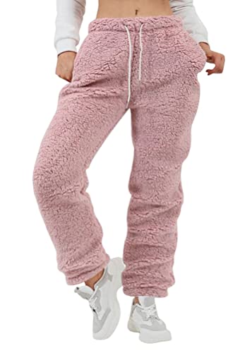 ORANDESIGNE Plüschhose Damen Flauschig Schlafanzughose Lang Winter Warm Pyjamahose Chic Jogginghose Elegant Hose Outdoor Fleecehose Freizeithose mit Tasche Rosa XL von ORANDESIGNE