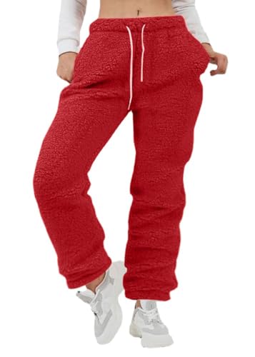 ORANDESIGNE Plüschhose Damen Flauschig Schlafanzughose Lang Winter Warm Pyjamahose Chic Jogginghose Elegant Hose Outdoor Fleecehose Freizeithose mit Tasche Rot XS von ORANDESIGNE