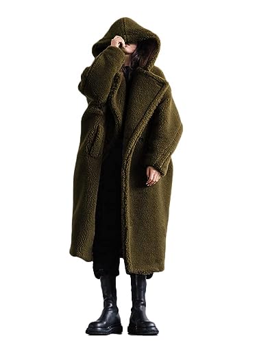 ORANDESIGNE Plüschjacke Damen Lang Teddy Kapuzenmantel Winter Warm Kapuzenjacke Outwear Langarm Wintermantel Plüsch Mantel Mit Taschen Oversize Armeegrün 3XL von ORANDESIGNE