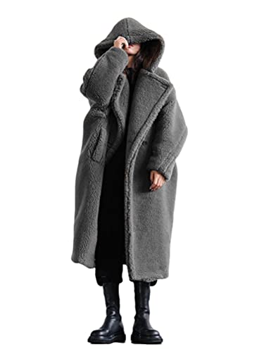 ORANDESIGNE Plüschjacke Damen Lang Teddy Kapuzenmantel Winter Warm Kapuzenjacke Outwear Langarm Wintermantel Plüsch Mantel Mit Taschen Oversize Grau L von ORANDESIGNE