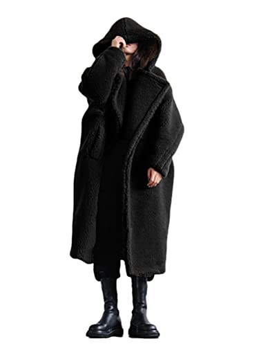 ORANDESIGNE Plüschjacke Damen Lang Teddy Kapuzenmantel Winter Warm Kapuzenjacke Outwear Langarm Wintermantel Plüsch Mantel Mit Taschen Oversize Schwarz S von ORANDESIGNE