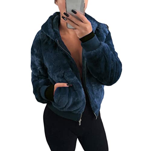 ORANDESIGNE Plüschjacke Damen Teddy Flauschig Kurz Plüschmantel Lässig Fleecejacke mit Kapuze Warm Übergangsjacke Kurzmantel Felljacke Kunstfell Jacket Coat Outwear C Blau XS von ORANDESIGNE