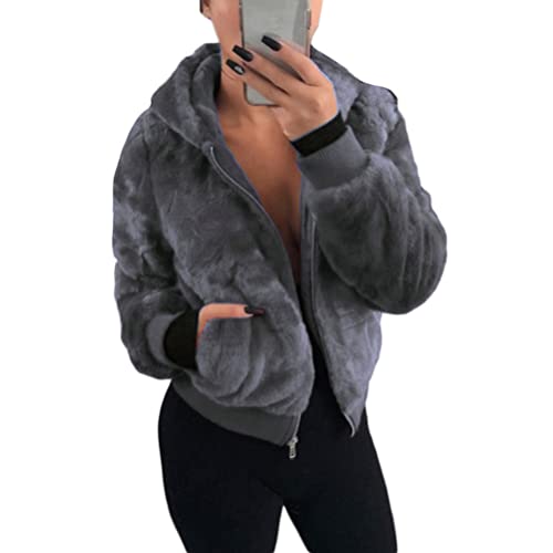 ORANDESIGNE Plüschjacke Damen Teddy Flauschig Kurz Plüschmantel Lässig Fleecejacke mit Kapuze Warm Übergangsjacke Kurzmantel Felljacke Kunstfell Jacket Coat Outwear C Dunkelgrau S von ORANDESIGNE
