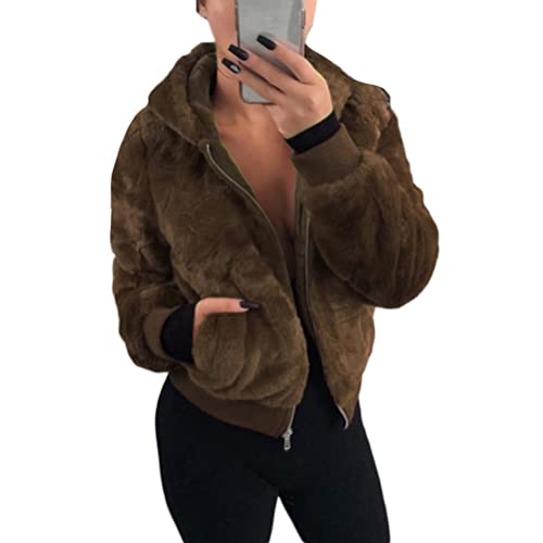ORANDESIGNE Plüschjacke Damen Teddy Flauschig Kurz Plüschmantel Lässig Fleecejacke mit Kapuze Warm Übergangsjacke Kurzmantel Felljacke Kunstfell Jacket Coat Outwear C Hellbraun M von ORANDESIGNE