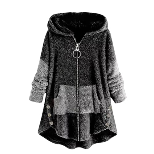 ORANDESIGNE Plüschjacke Damen Teddy Kapuzenjacke Lang Warm Große Größen Kapuzenpullover Katze Fleecepulli Hoodie Plüsch Flauschig Cute Pullover Plüschmantel Wintermantel Jacke A-Dunkelgrau XXL von ORANDESIGNE