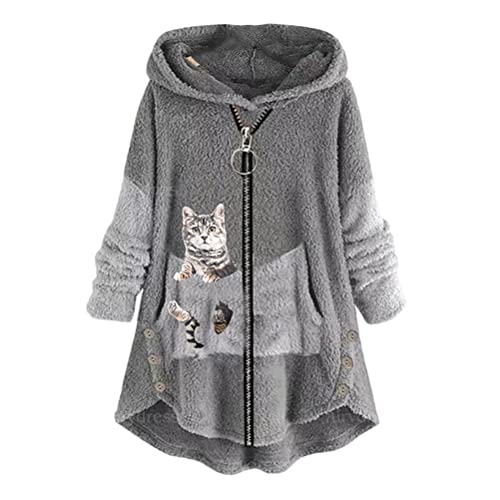 ORANDESIGNE Plüschjacke Damen Teddy Kapuzenjacke Lang Warm Große Größen Kapuzenpullover Katze Fleecepulli Hoodie Plüsch Flauschig Cute Pullover Plüschmantel Wintermantel Jacke B-Grau XL von ORANDESIGNE