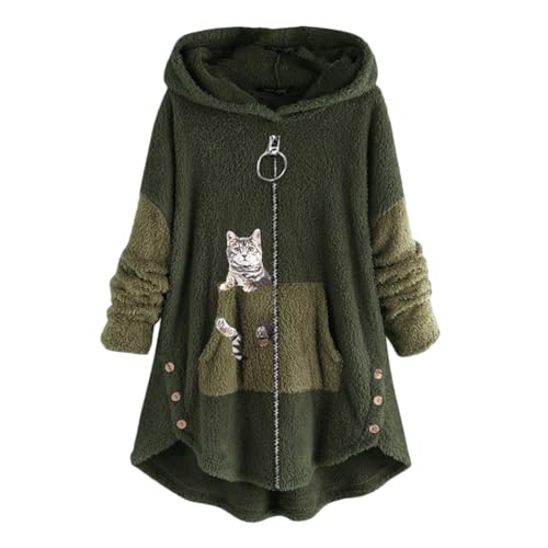 ORANDESIGNE Plüschjacke Damen Teddy Kapuzenjacke Lang Warm Große Größen Kapuzenpullover Katze Fleecepulli Hoodie Plüsch Flauschig Cute Pullover Plüschmantel Wintermantel Jacke B-Grün 3XL von ORANDESIGNE
