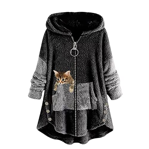 ORANDESIGNE Plüschjacke Damen Teddy Kapuzenjacke Lang Warm Große Größen Kapuzenpullover Katze Fleecepulli Hoodie Plüsch Flauschig Cute Pullover Plüschmantel Wintermantel Jacke I-Dunkelgrau L von ORANDESIGNE