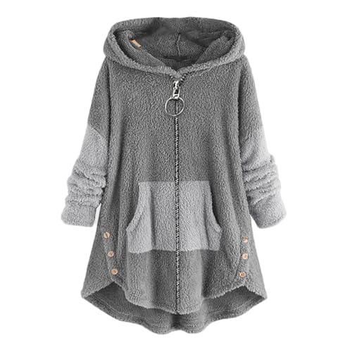 ORANDESIGNE Plüschjacke Damen Teddy Kapuzenjacke Lang Warm Große Größen Kapuzenpullover Katze Fleecepulli Hoodie Plüsch Flauschig Cute Pullover Plüschmantel Wintermantel Jacke A-Grau S von ORANDESIGNE