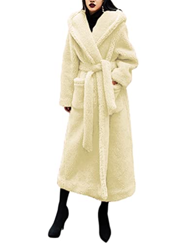 ORANDESIGNE Plüschjacke Damen Teddy Lang Flauschige Winterjacke mit Kapuze Kunstfell Mantel Lässig Fleecejacke Vintage Winter Coat Dcker Wintermantel Weiß XL von ORANDESIGNE