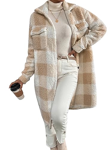 ORANDESIGNE Plüschmantel Damen Lang Kariertes Jacke Fleecejacke Warm Winter Teddyfell Plüschjacke Gefütterte Winterjacke Karo Mantel Flauschige Sweatjacke Lässige Cardigan Fleecemantel Aprikose XL von ORANDESIGNE