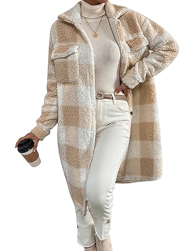 ORANDESIGNE Plüschmantel Damen Lang Kariertes Jacke Fleecejacke Warm Winter Teddyfell Plüschjacke Gefütterte Winterjacke Karo Mantel Flauschige Sweatjacke Lässige Cardigan Fleecemantel Aprikose M von ORANDESIGNE