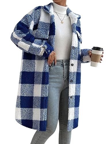 ORANDESIGNE Plüschmantel Damen Lang Kariertes Jacke Fleecejacke Warm Winter Teddyfell Plüschjacke Gefütterte Winterjacke Karo Mantel Flauschige Sweatjacke Lässige Cardigan Fleecemantel Blau S von ORANDESIGNE