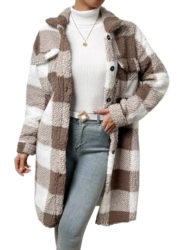 ORANDESIGNE Plüschmantel Damen Lang Kariertes Jacke Fleecejacke Warm Winter Teddyfell Plüschjacke Gefütterte Winterjacke Karo Mantel Flauschige Sweatjacke Lässige Cardigan Fleecemantel Braun M von ORANDESIGNE