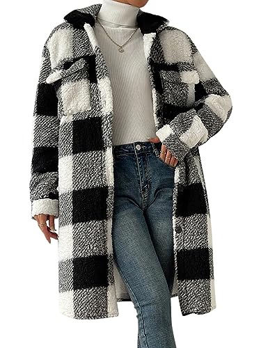 ORANDESIGNE Plüschmantel Damen Lang Kariertes Jacke Fleecejacke Warm Winter Teddyfell Plüschjacke Gefütterte Winterjacke Karo Mantel Flauschige Sweatjacke Lässige Cardigan Fleecemantel Schwarz M von ORANDESIGNE