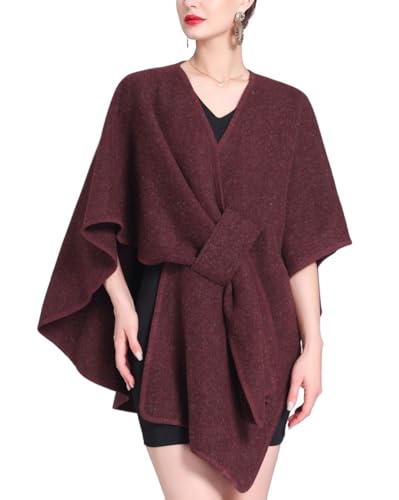 ORANDESIGNE Poncho Damen Winter Strick Capes Elegant Trachtenjacke Warm Trachten Poncho Schal Kunstkaschmir Umhang A Weinrot von ORANDESIGNE