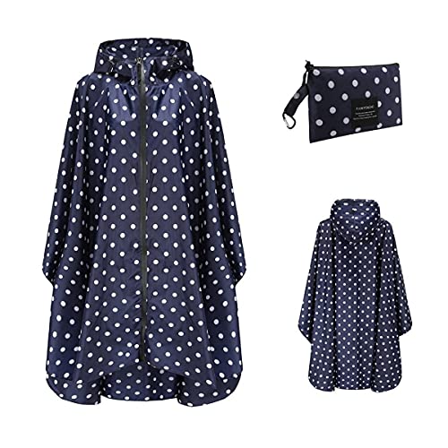 ORANDESIGNE Poncho Unisex Regenmantel Blumenmuster Polka Dot Poncho Regenponcho mit Kapuze Winddichter Tourist Fahrrad Wandern Windjacke Regenmantel Poncho mit Lagerung Tasche C Marine XXL von ORANDESIGNE