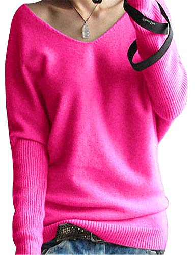 ORANDESIGNE Pullover Damen Casual Langarmshirt Bluse V-Ausschnitt Loose Langarm Tunika Oberteil Damen Pullover Strickjacken Schlichter Strickpullover Rosa Rot S von ORANDESIGNE