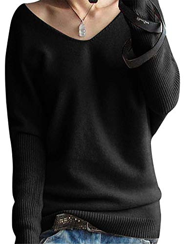 ORANDESIGNE Pullover Damen Casual Langarmshirt Bluse V-Ausschnitt Loose Langarm Tunika Oberteil Damen Pullover Strickjacken Schlichter Strickpullover Schwarz M von ORANDESIGNE