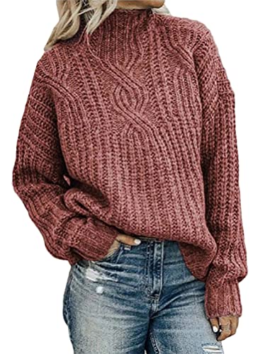 ORANDESIGNE Pullover Damen Casual Lose Pulli Langarm Oberteile Damen Elegant Einfarbig Rollkragenpullover Batwing Oversize Rollkragenpullover Strickpullover A Rot XL von ORANDESIGNE