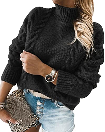 ORANDESIGNE Pullover Damen Casual Lose Pulli Langarm Oberteile Damen Elegant Einfarbig Rollkragenpullover Batwing Oversize Rollkragenpullover Strickpullover B Schwarz M von ORANDESIGNE
