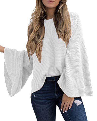 ORANDESIGNE Pullover Damen Casual Rundhals Langarmshirt Oversize Einfarbig Bluse Jumper Weiß 36 von ORANDESIGNE