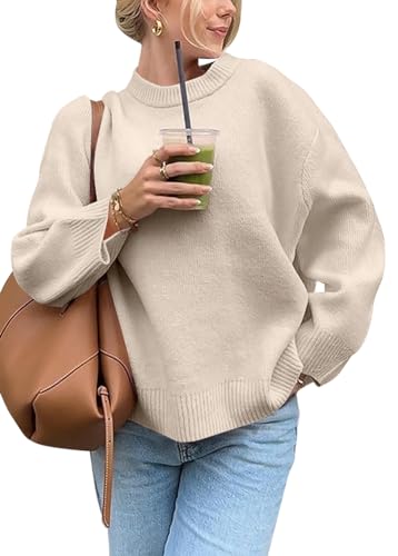 ORANDESIGNE Pullover Damen Einfarbige Strickpullover Langarm Rundhals Sweater Sweatshirt Herbst Winter Elegant Oversized Pulli Warme Lose Blusen Oberteile Tops A Beige M von ORANDESIGNE