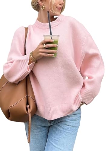 ORANDESIGNE Pullover Damen Einfarbige Strickpullover Langarm Rundhals Sweater Sweatshirt Herbst Winter Elegant Oversized Pulli Warme Lose Blusen Oberteile Tops A Rosa S von ORANDESIGNE