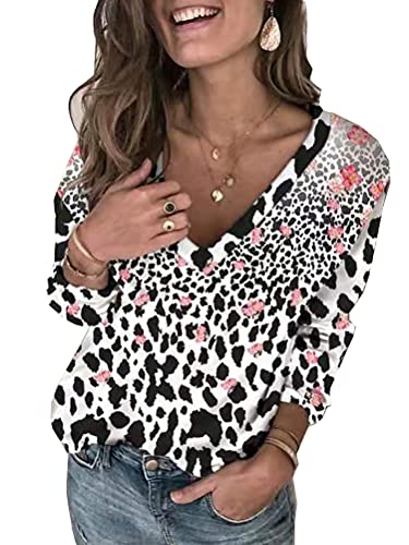 ORANDESIGNE Pullover Damen Elegant Langarm V-Ausschnitt Langarmshirt Bedruckter Sexy Langarm Oberteile Wollfleece Pullover Casual Lose Pulli Jumper Sweatshirt Herbst Winter B Weiß L von ORANDESIGNE