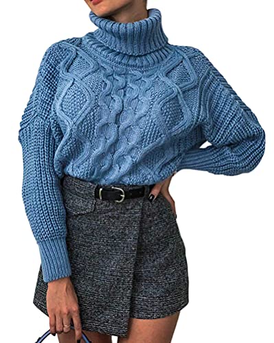 ORANDESIGNE Pullover Damen Elegant Lose Rollkragen Pullis Langarm Strick Twist Pullover Rollkragenpullover Strickpullover Winterpullover Grobstrick Strickpulli Herbst Winter A Hellblau M von ORANDESIGNE