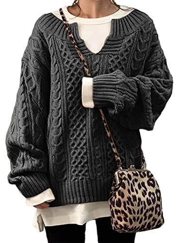 ORANDESIGNE Pullover Damen Elegant Winter Pullis Loose V-Ausschnitt Strickpullover Mode Einfarbig Sweater Tops Casual Lose Pulli Langarm Jumper Oberteile Grau M von ORANDESIGNE