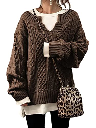 ORANDESIGNE Pullover Damen Elegant Winter Pullis Loose V-Ausschnitt Strickpullover Mode Einfarbig Sweater Tops Casual Lose Pulli Langarm Jumper Oberteile Khaki XXL von ORANDESIGNE
