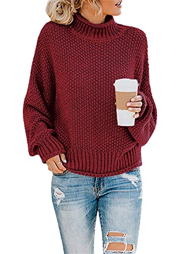 ORANDESIGNE Pullover Damen Elegant Winter Rollkragenpullover Strickpullover Grobstrickpullover Langärmeligem übergroßen Sweater Sweatshirt Herbst Winter A Rot XS von ORANDESIGNE