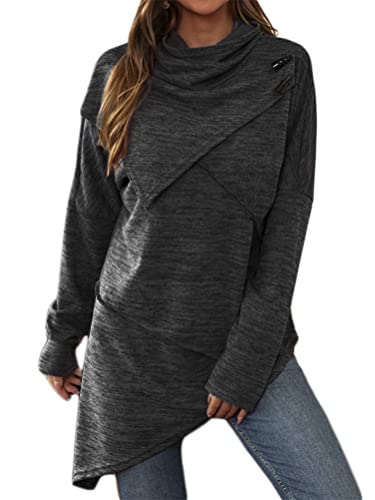 ORANDESIGNE Pullover Damen Herbst Elegant Einfarbige Langarmshirt Knopfleiste Rollkragenshirt Langarm Asymmetrischer Lang Sweatshirt Lose Pullis Oberteil Outwear A Schwarz L von ORANDESIGNE