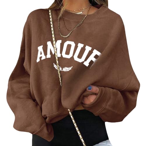ORANDESIGNE Pullover Damen Herbst Sweatshirt Ohne Kapuze Briefe Drucken Langarm Rundhals Pulli Winter Frauen Buchstaben Druck Casual Oberteil Sport Streetwear Bluse Tops Kleidung A Dunkelbraun S von ORANDESIGNE
