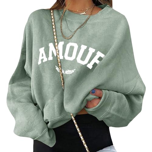 ORANDESIGNE Pullover Damen Herbst Sweatshirt Ohne Kapuze Briefe Drucken Langarm Rundhals Pulli Winter Frauen Buchstaben Druck Casual Oberteil Sport Streetwear Bluse Tops Kleidung A Grün S von ORANDESIGNE