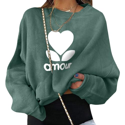 ORANDESIGNE Pullover Damen Herbst Sweatshirt Ohne Kapuze Briefe Drucken Langarm Rundhals Pulli Winter Frauen Buchstaben Druck Casual Oberteil Sport Streetwear Bluse Tops Kleidung B Grün XL von ORANDESIGNE