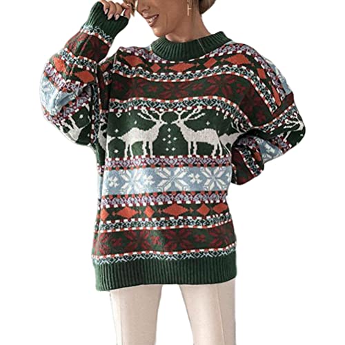 ORANDESIGNE Pullover Damen Oberteile Elegant Oversize Strickpulli Rundhals Weihnachtspullover Rentiermuster Winter Christmas Sweater P Grün L von ORANDESIGNE